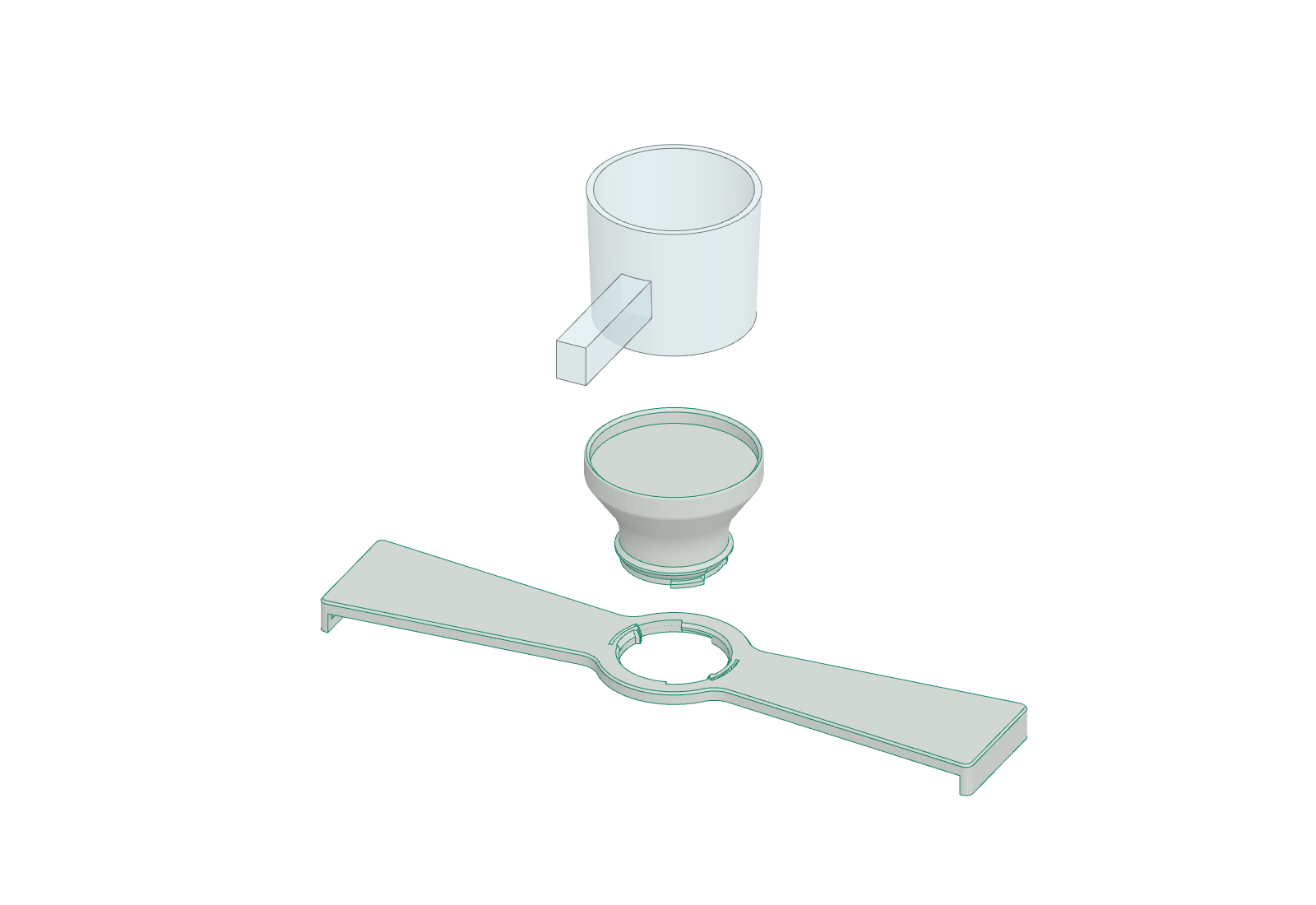 The legs piece, the cup piece above it, and the glass cup above that