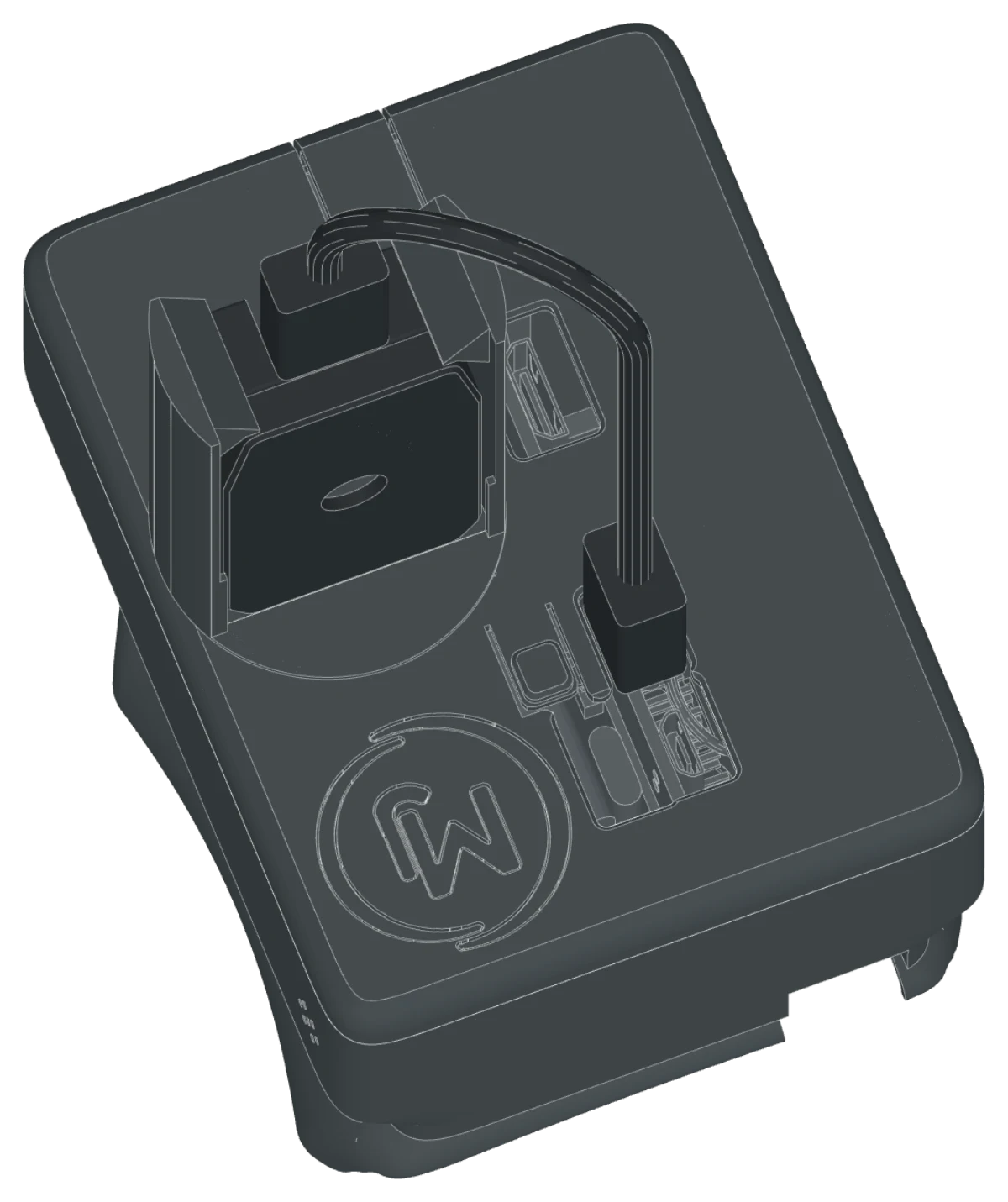 Top of the add-on with the camera, ports, button, and switch window