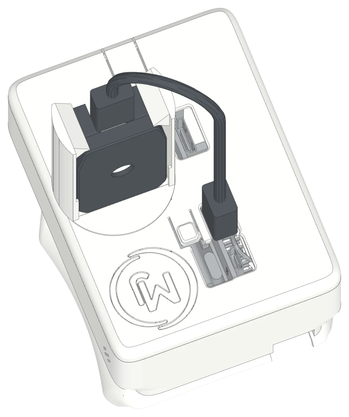 Top of the add-on with the camera, ports, button, and switch window
