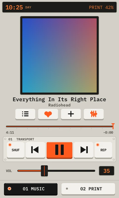 The Music tab with the cover, the transport buttons, and the volume