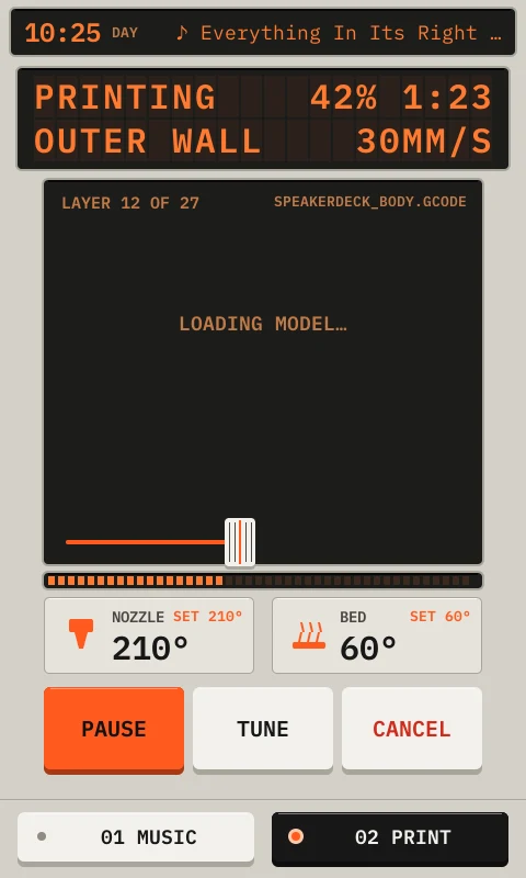The Print tab during a print, with progress and temperatures