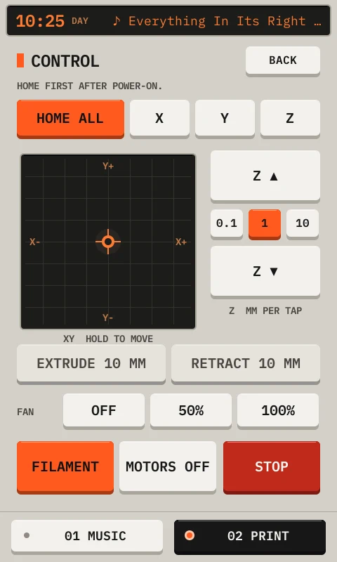 The Control screen with home buttons, a jog pad, and Z steps