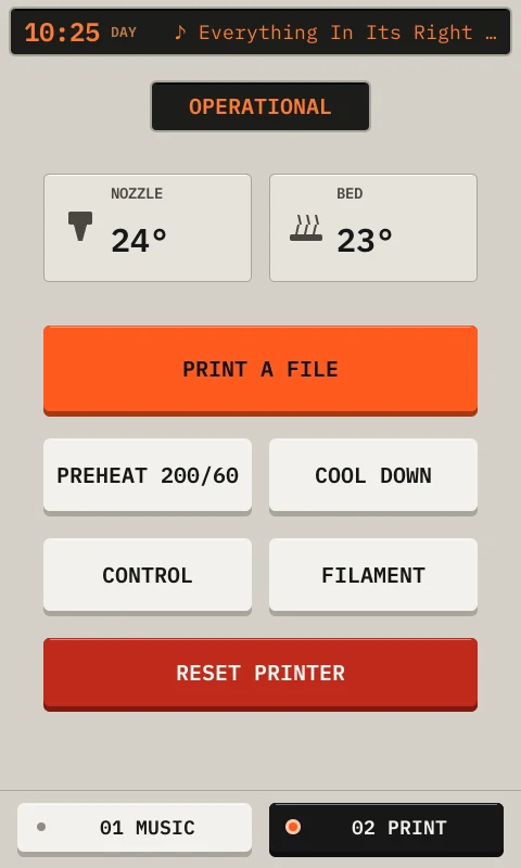 The Print tab when no print runs, with temperatures and buttons