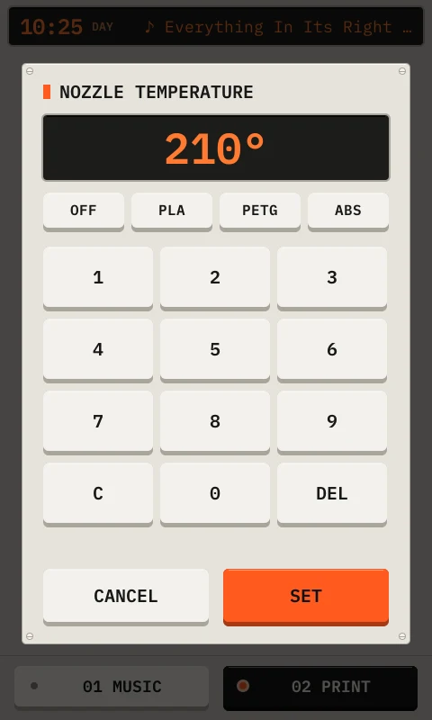 A keypad to set the nozzle temperature