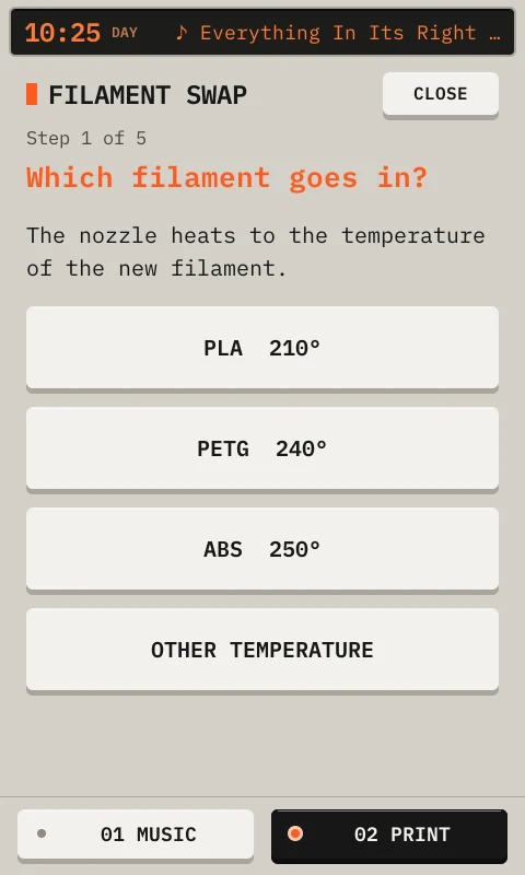 Step 1 of the filament swap: choose the filament